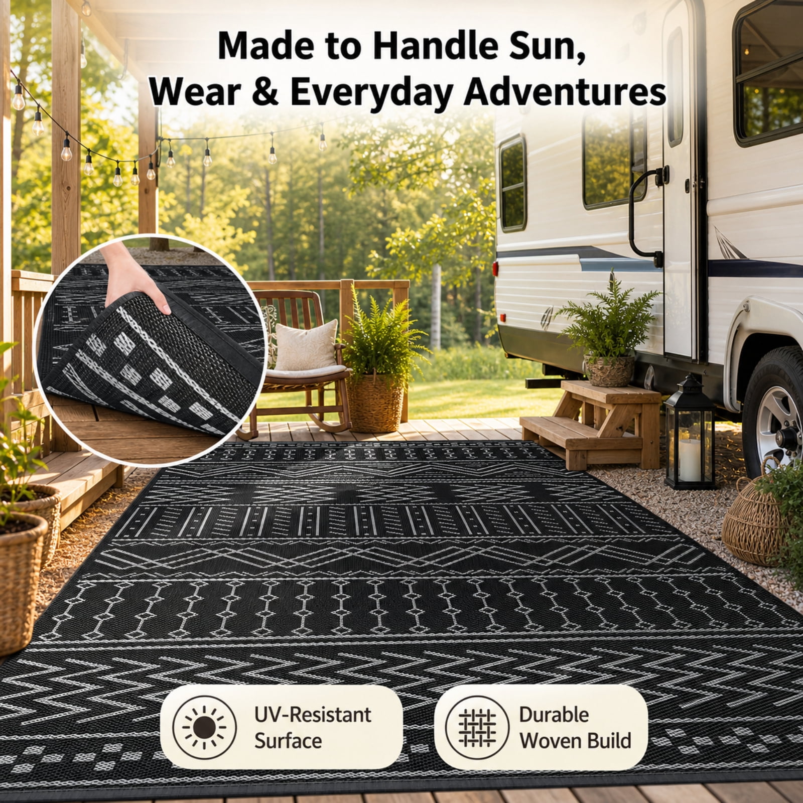 ZRSDIXK 5'×8' Boho Outdoor Rug Waterproof Patio Carpet Outdoor Area Rug Large Plastic Straw Mat for RV Camping Porch Deck Balcony, Black