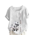 thumbnail image 2 of Lydiaunistar Women's Spring Tops Plus Size Casual Linen Round Neck Short Sleeve Printed Button Blouse Shirt Lightweight Comfy for Work Vacation White, 2 of 4