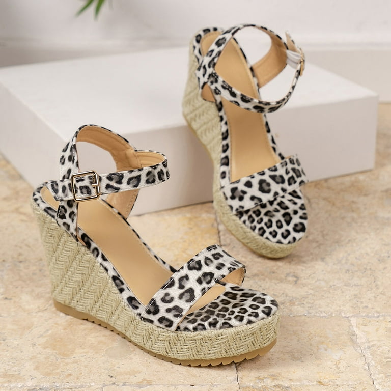 Leopard espadrilles flatform wedge buckle open toe sandals best sale