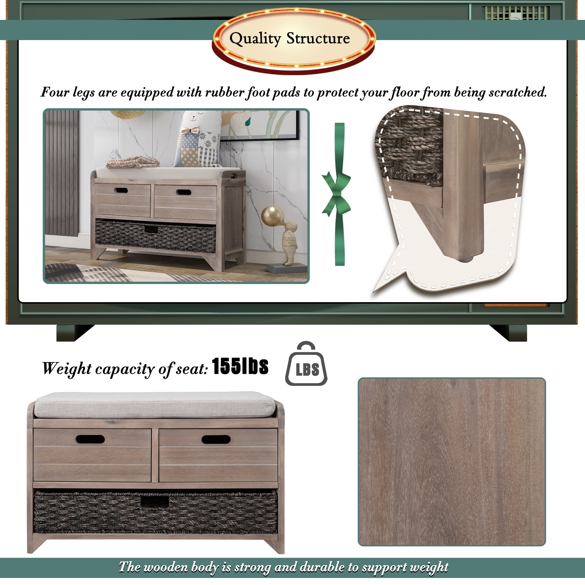 Aukfa Wood Storage Bench with Removable Basket and 2 Drawers for Entryway - Light Brown