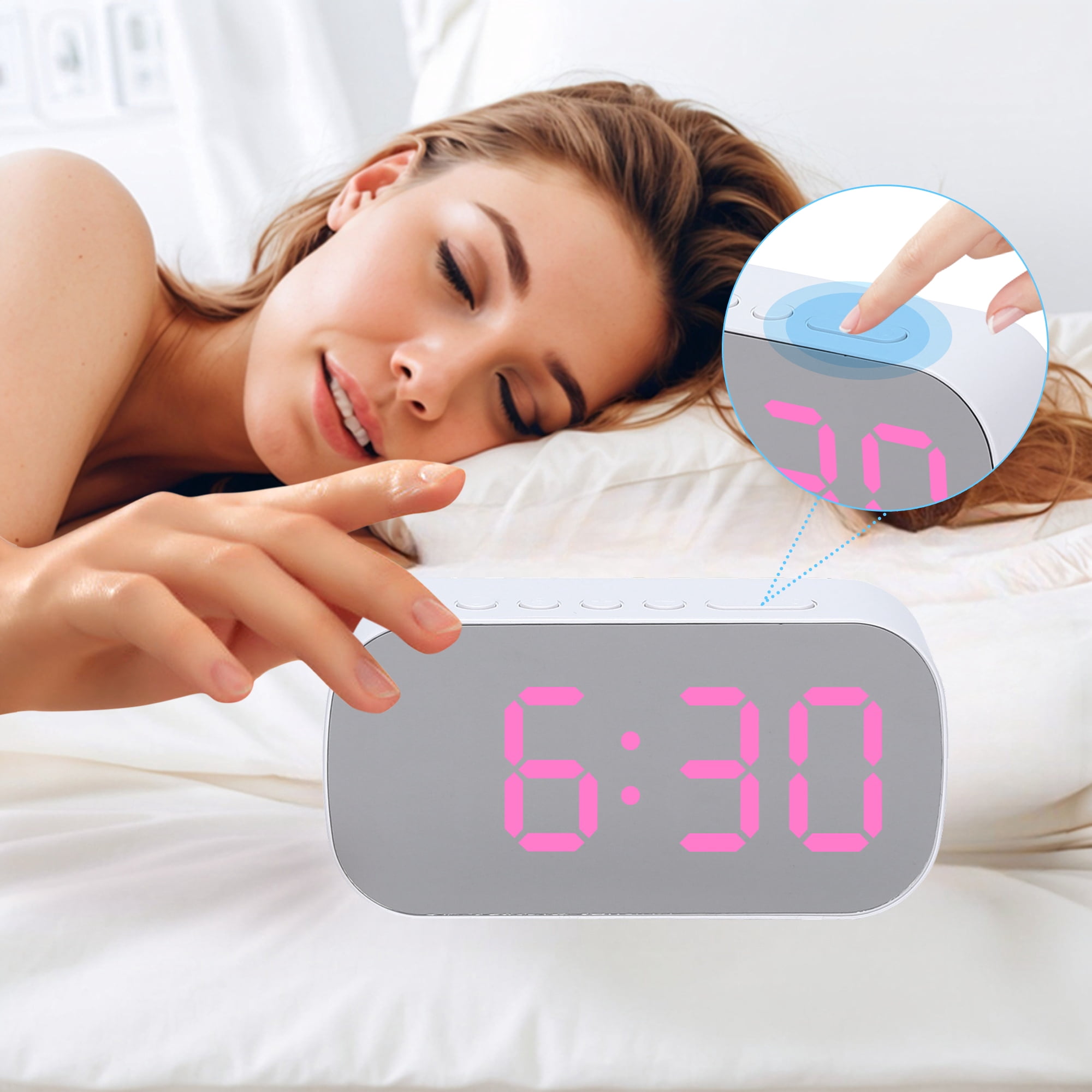 Unique Bargains 2 Pcs Oval Alarm Clock Snooze 5.1 x 2.6 x 1.4 in White Pink