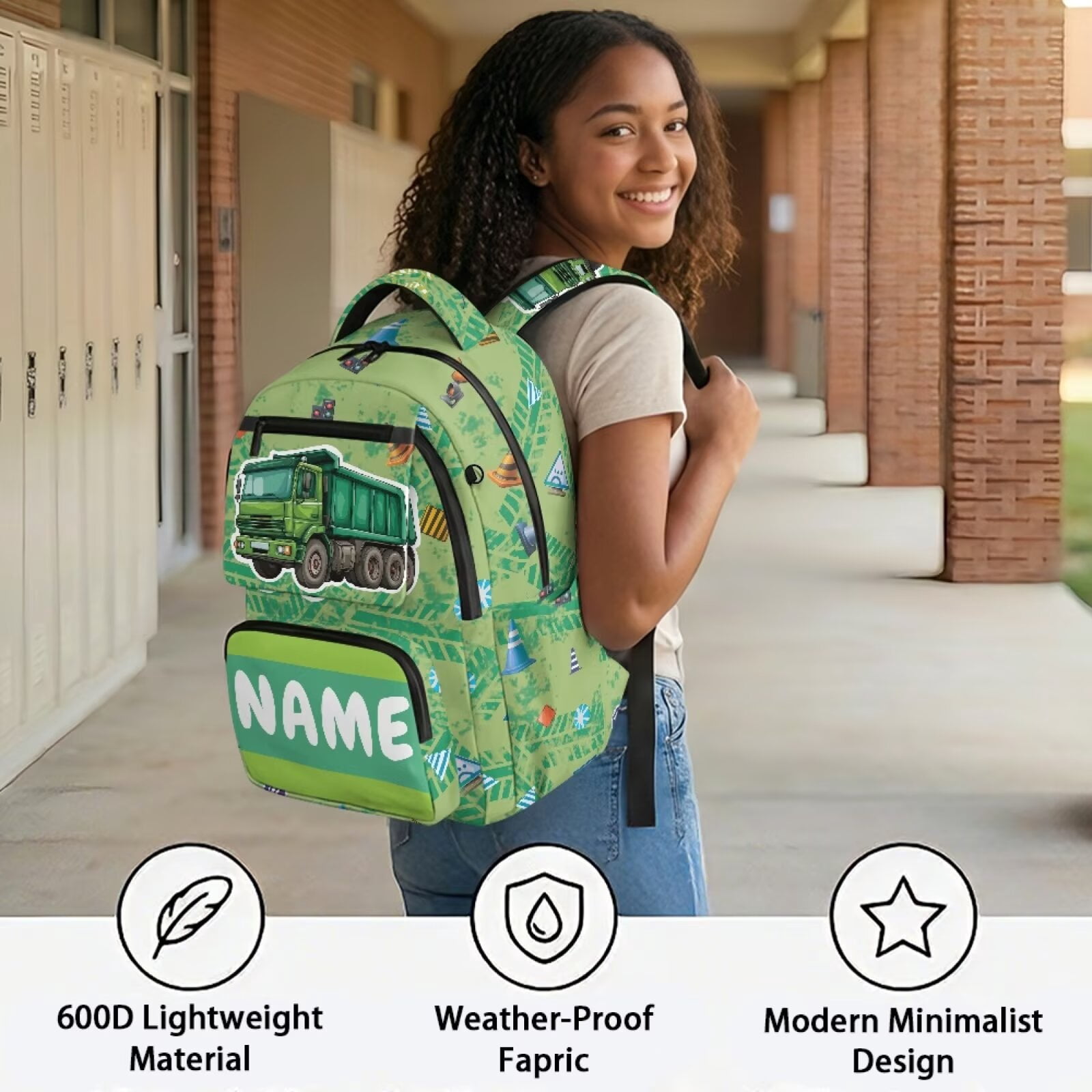 Chririnla Car-Green Print Kids School Bag Teen Boys Custom Name Print Backpacks Laptop Bags Front Pocket School Backpack Padded Straps Front Zipper Pocket