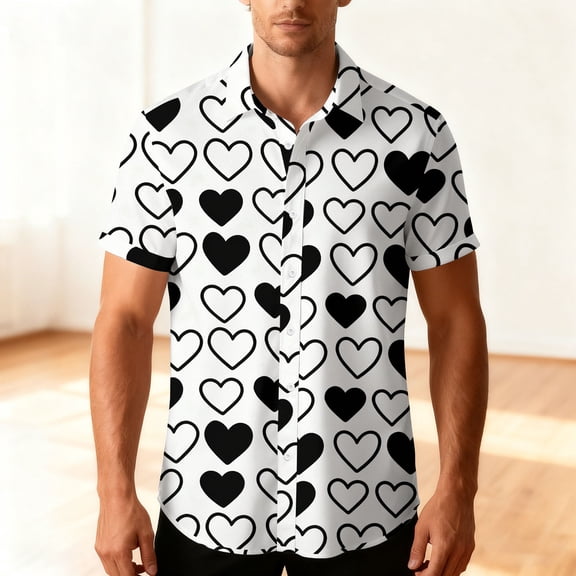 YueHuiYing Men's Valentine's Day Short-Sleeve Collared Shirt Black and White Heart Print Button-Down Colorful Printed Clothing