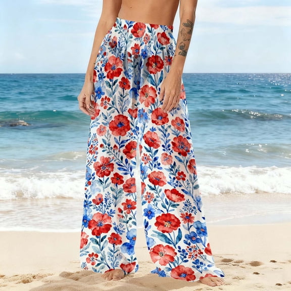 Gamivast Beach Cover up Pants for Women Floral Graphic Mesh Wide Leg Beach Pant Boho Flowy Elastic Waist Lightweight Swimwea Summer Vacation Outfits