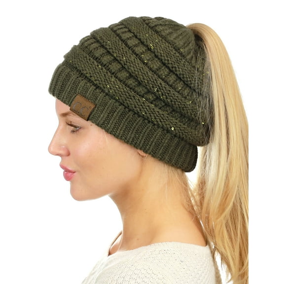 C.C BeanieTail Sparkly Sequin Cable Knit Messy High Bun Ponytail Beanie Hat, Dark Olive