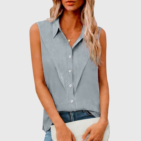Fznquz Dressy Women Tank Tops Summer Sleeveless Blouse Button Down Casual Gray Collared Women Clothes