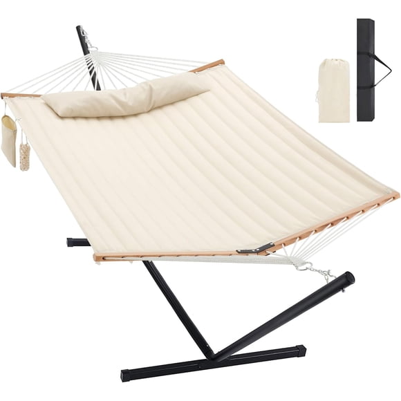 Hamac pour Deux Personnes avec Support Robuste, Hamac de Patio Extérieur avec Support en Acier Portable, Grands Hamacs Doubles, Capacité de 480 Lb. (Blanc Cassé)