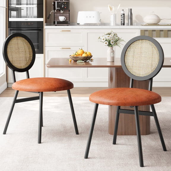 COZONY Dining Chairs, Set of 2, Modern Upholstered Kitchen Chairs with Metal Legs and Natural Rattan Back for Dining Room, Living Room,Black Brown