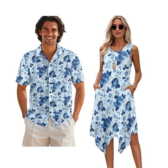 Xixirimido Blue Roses Floral Print Hawaii Couple Matching Outfit Men's Hawaiian Shirt and Women's Summer Sleeveless Dress Soft Midi Beach Dresses Matchable Couple Outfits, M