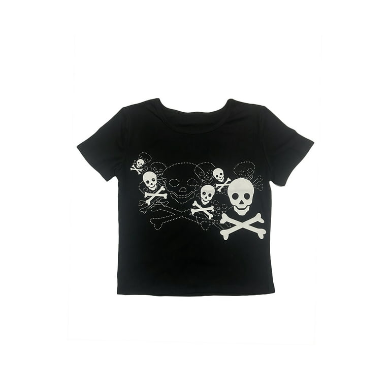 Women Gothic Short Sleeve Crop Tops Y2K T-shirts Graphic Print Tee Shirt  Summer Punk Clothes Skeleton Rib Cage T Shirts 