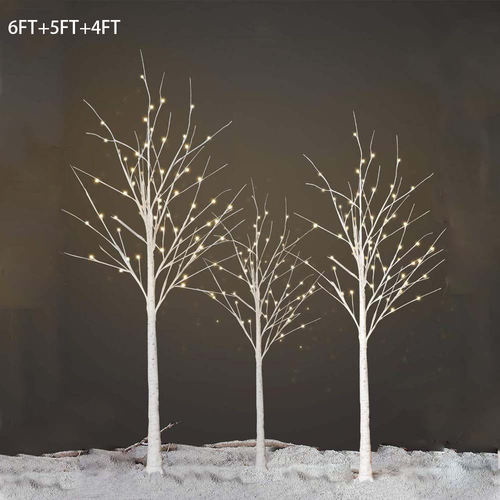4FT 5FT 6FT Birch Tree with LED Lights, 3PCS Lights Christmas Tree