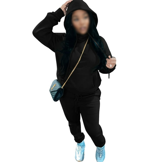MAWCLOS Ladies Two Piece Outfit Drawstring Tracksuit Sets Long Sleeve Jogger Set Straight Leg Sports Hooded Neck Sweatsuits Black 3XL