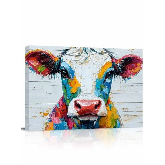 Colorful Cow Canvas Print Wall Art Rustic Animal Framed Canvas Art Wall Decor Abstract Cattle Wood Grain Pictures Painting Morden Artwork for Living Room Bedroom, Ready to Hang - 12"x16"