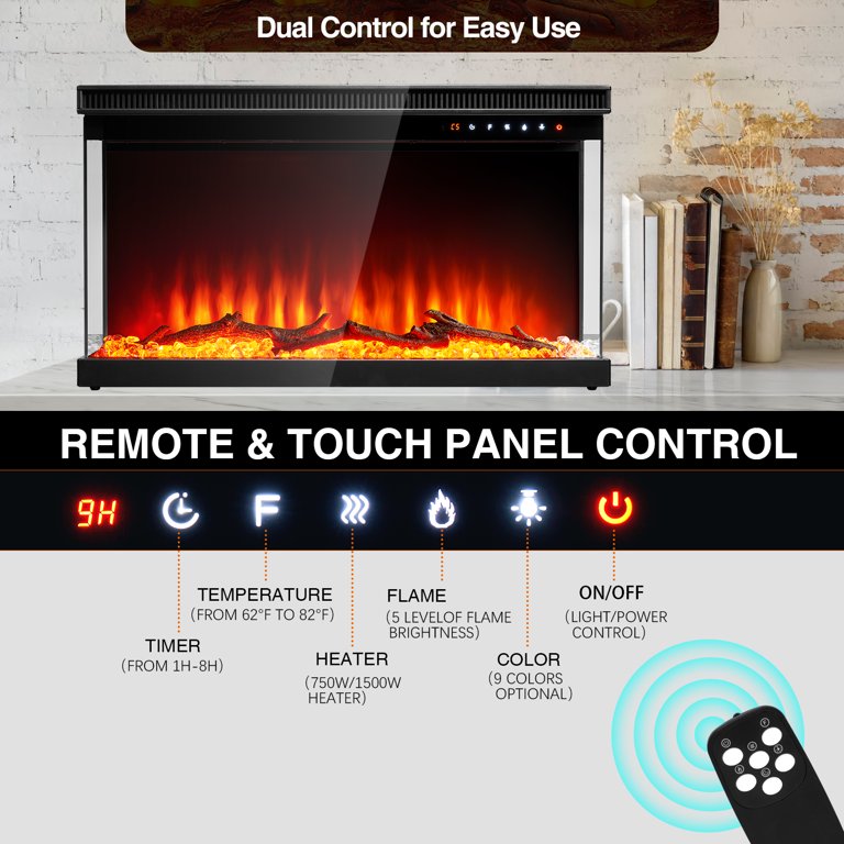 BaPiPro 30-Inch 3-sided Electric Fireplace, 750W/1500W, 9 Color Flame,  Remote Control, Log Set u0026 Crystal - Walmart.com