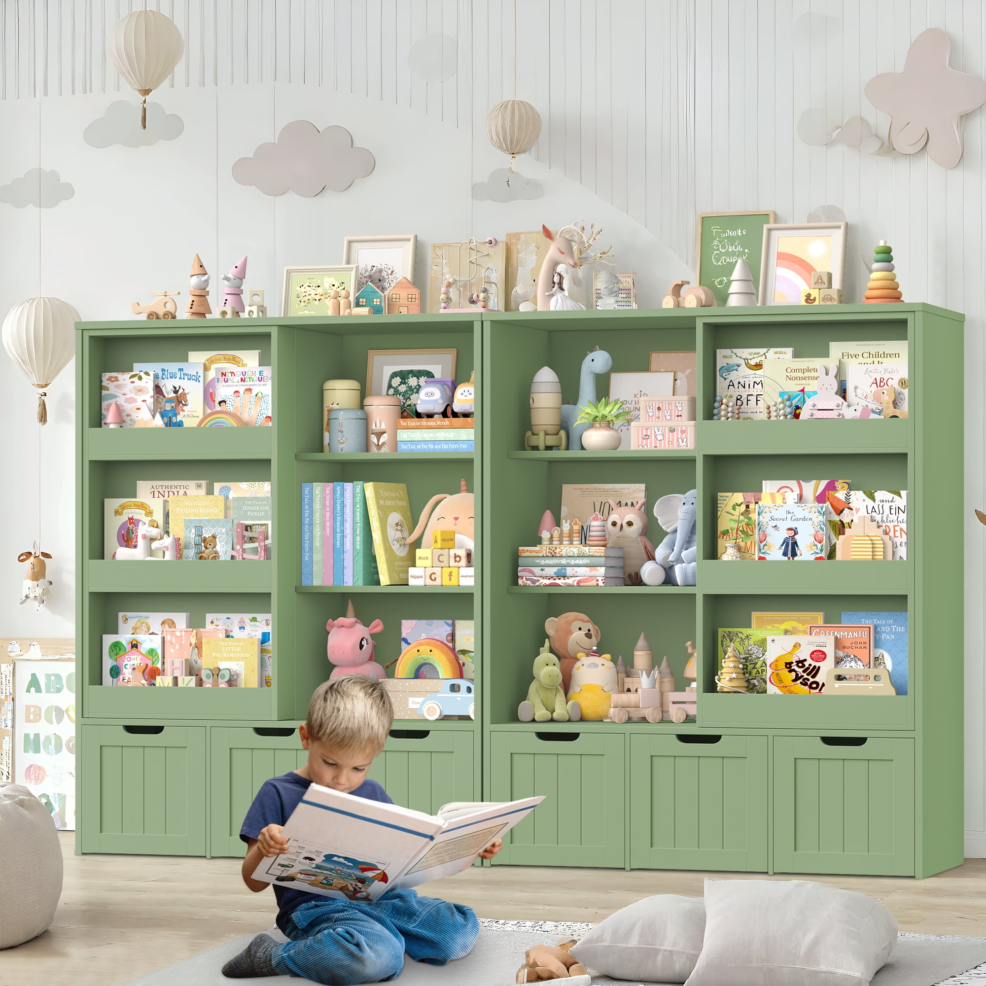 Homfa 6 Cube Toy Storage, Cube Organizer with Sliding Rack, 3 Drawer Kids Bookcase and Bookshelf, Green