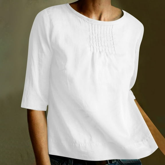 Charella Cotton Linen Tops for Women Solid Color Middle Sleeve Shirt White,10