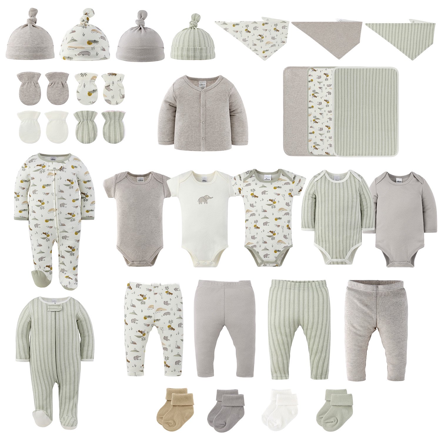 The Peanutshell Soft Safari Baby Girl and Boy Layette Gift Set, Cotton Baby Clothes, 0-3 Months, 30 Piece Set