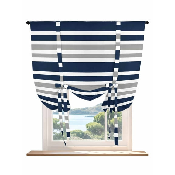 Navy Blue Grey Striped Tie Up Curtains for Windows 63 Inch Length Balloon Curtains Kitchen Adjustable Balloon Window Shade Gradient Horizontal Lines Tie Up Valance Bathroom Curtain Window 46"x63"