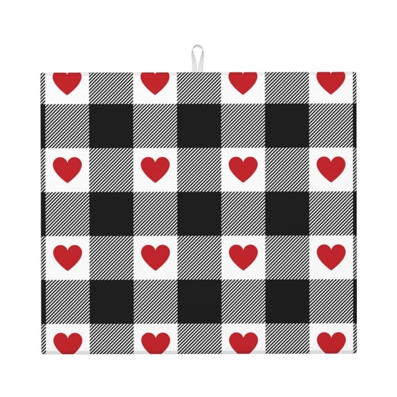 Vsdgher Heart Black Buffalo Plaid Gingham Print Dish Drying Mat, Kitchen Counter Mat, Dish Drying Pad for Dishes, Utensils, Pots and Pans,16" x 18"