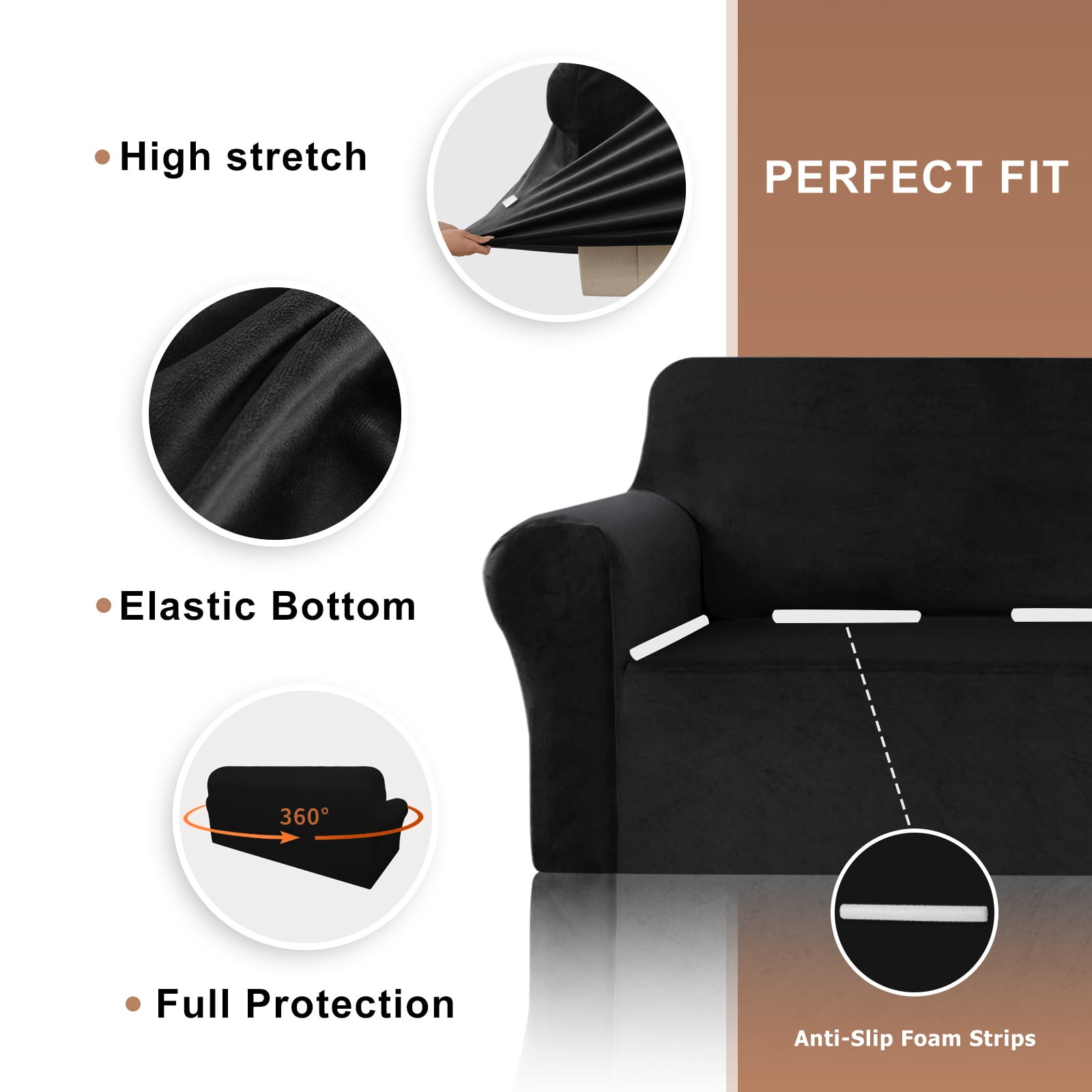 SANMADROLA 100% Waterproof Couch Covers Velvet Stretch Slipcover for 3 Cushion Sofa Cover Non Slip Leakproof Washable Furniture Protector for Kids Dogs Cats Pets, Black,Chair