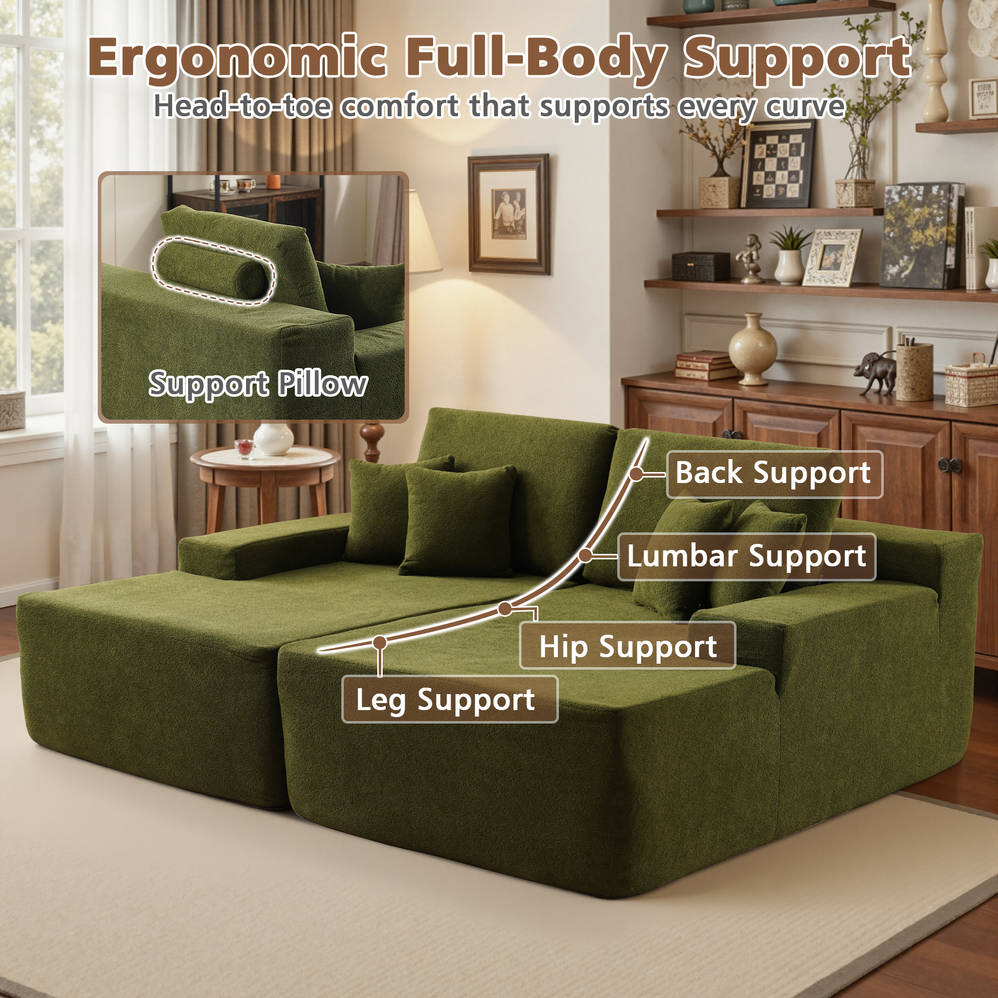 Ovios 74"W Oversized Double Chaise Lounge Chair Deep Seat Cloud Sofa Bed Sleeper Loveseat for Living Room, No Assembly, Green
