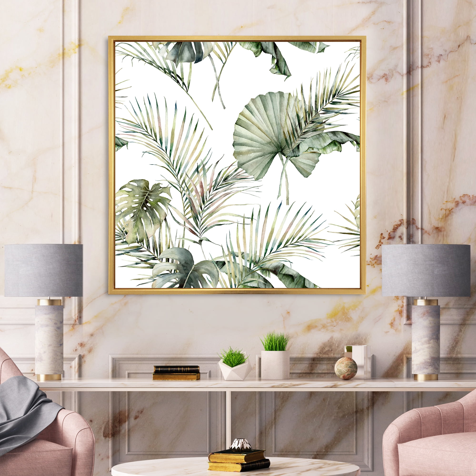 Designart 'Monstera and Coconut Leaves With Tropical Pattern' Traditional Framed Canvas Wall Art Print