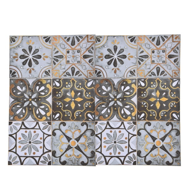 Pegatinas autoadhesivas para azulejos de cerámica, estilo retro vintage, paquete de 2, impermeables, gris claro con bordes dorados, perfectas para decoración de cocina y baño