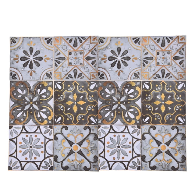 Paquete de 2 pegatinas autoadhesivas para azulejos de cerámica, impermeables, estilo retro vintage para cocina y baño, color gris claro con borde dorado.