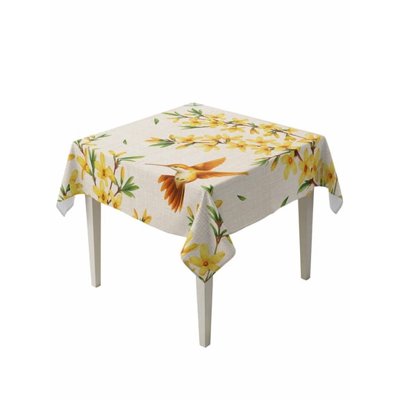 Spring Floral Table Cloth, Waterproof Tablecloth for Square Tables, Watercolor Forsythia Flowers Hummingbirds Beige Reusable Washable Fabric Table Cover for Restaurant Kitchen Dining Tables 54"x54"