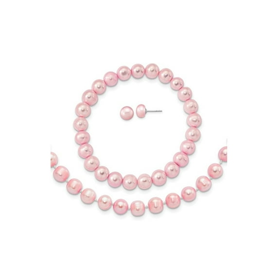 7-8mm Freshwater Cultured Pink Pearl Earrings, Bracelet and Necklace Set in Sterling Silver