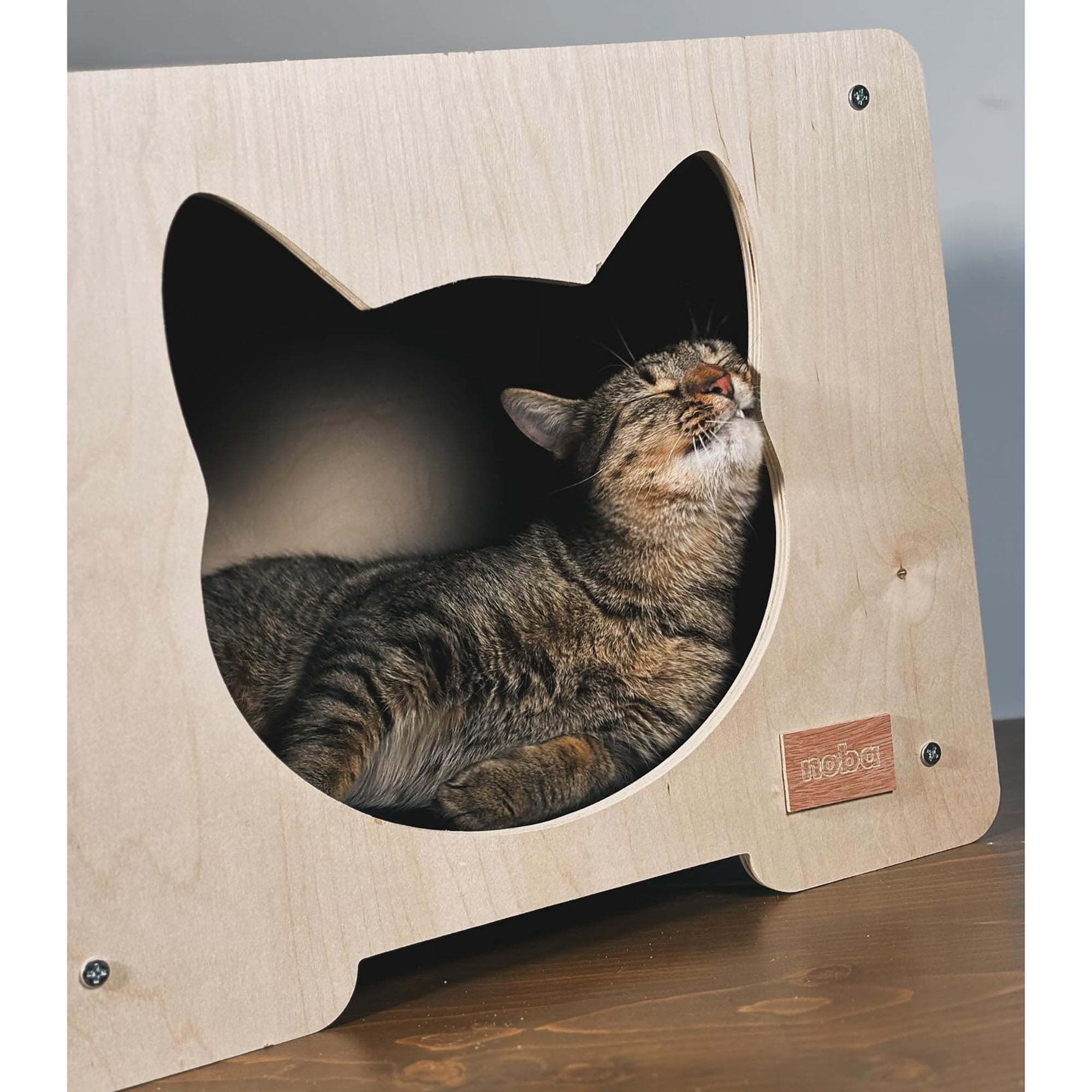Noba: Origin Hut Hideout - Cat Head, Black - Pet-Kitten House, 20 x 16" Wooden Lounge, Scratchable Carpet Sides, Animal Refuge Area, Climb-Play-Sleep