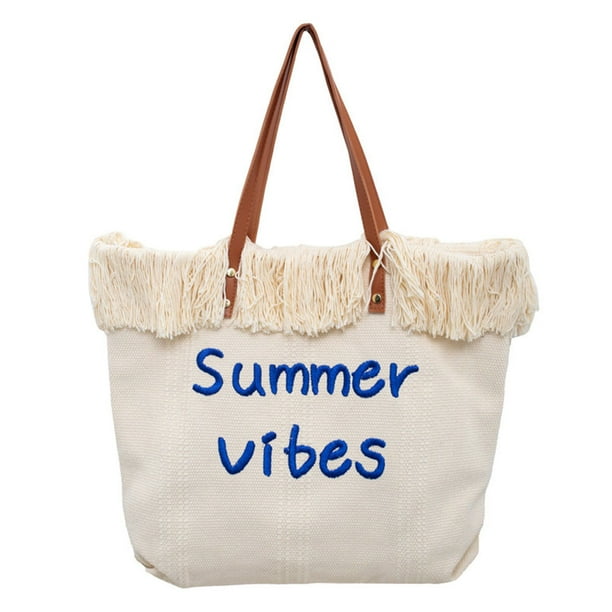 Bolso de hombro para mujer, bolsos de lona, bolso de compras tejido con borlas (beige) Ehuebsd Para Estrenar