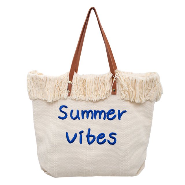 Bolso de hombro para mujer, bolsos de lona, bolso de compras tejido con borlas (beige) Ehuebsd Para Estrenar