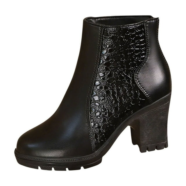 Black Womens Back Zipper Boots With Round Toe And High Heel Thick Heel Ankle Height For A Trendy Look