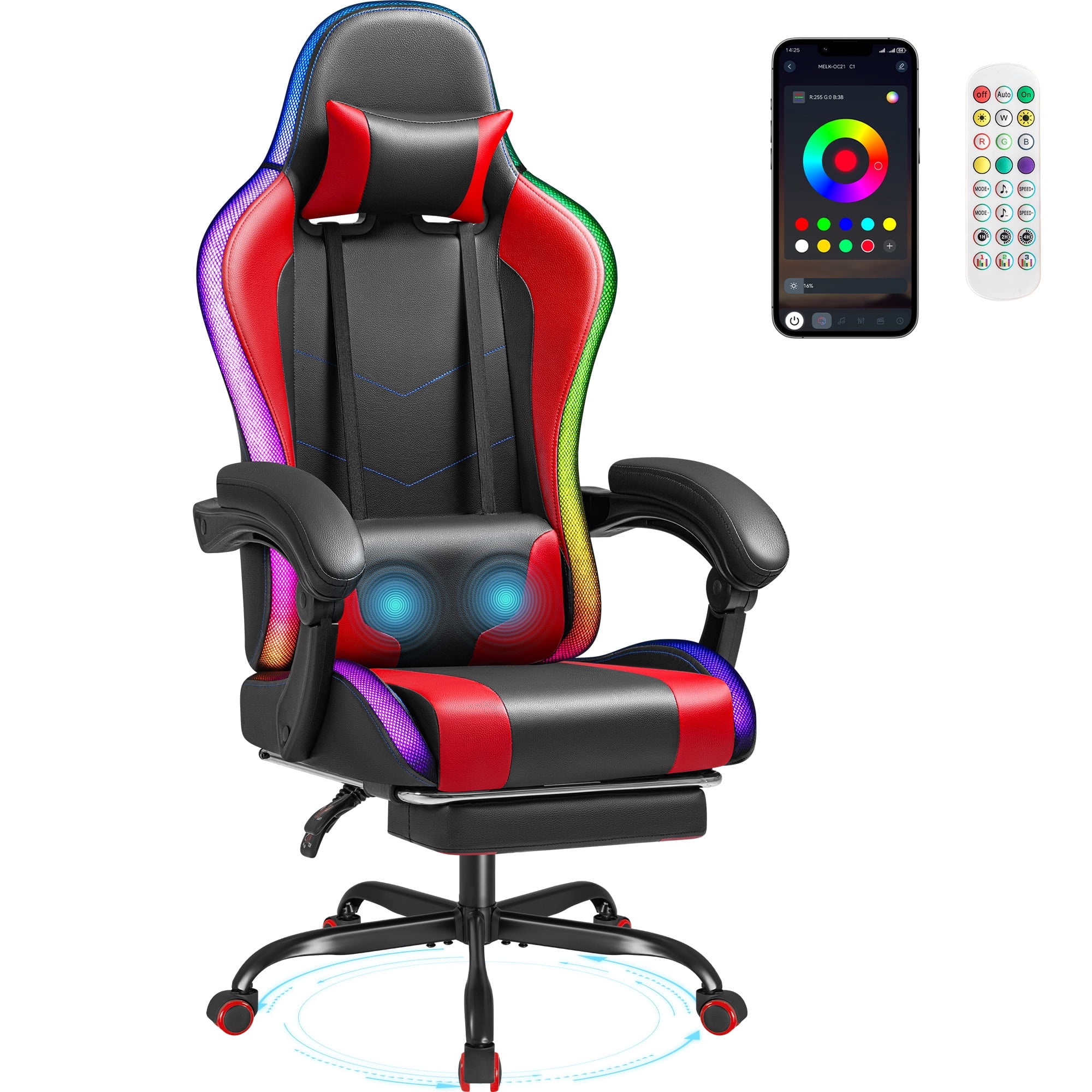 Homall RGB Gaming Chair with APP & Remote Control, LED Lights Ergonomic Computer Chair with Footrest & Massage Lumbar Support, Red