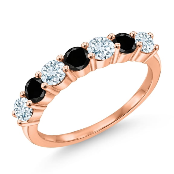 Gem Stone King 18K Rose Gold Plated Silver Round Sky Blue Aquamarine Black Diamond Anniversary Ring for Women (1.19 Cttw, Gemstone Birthstone, Size 5) (Size 5)