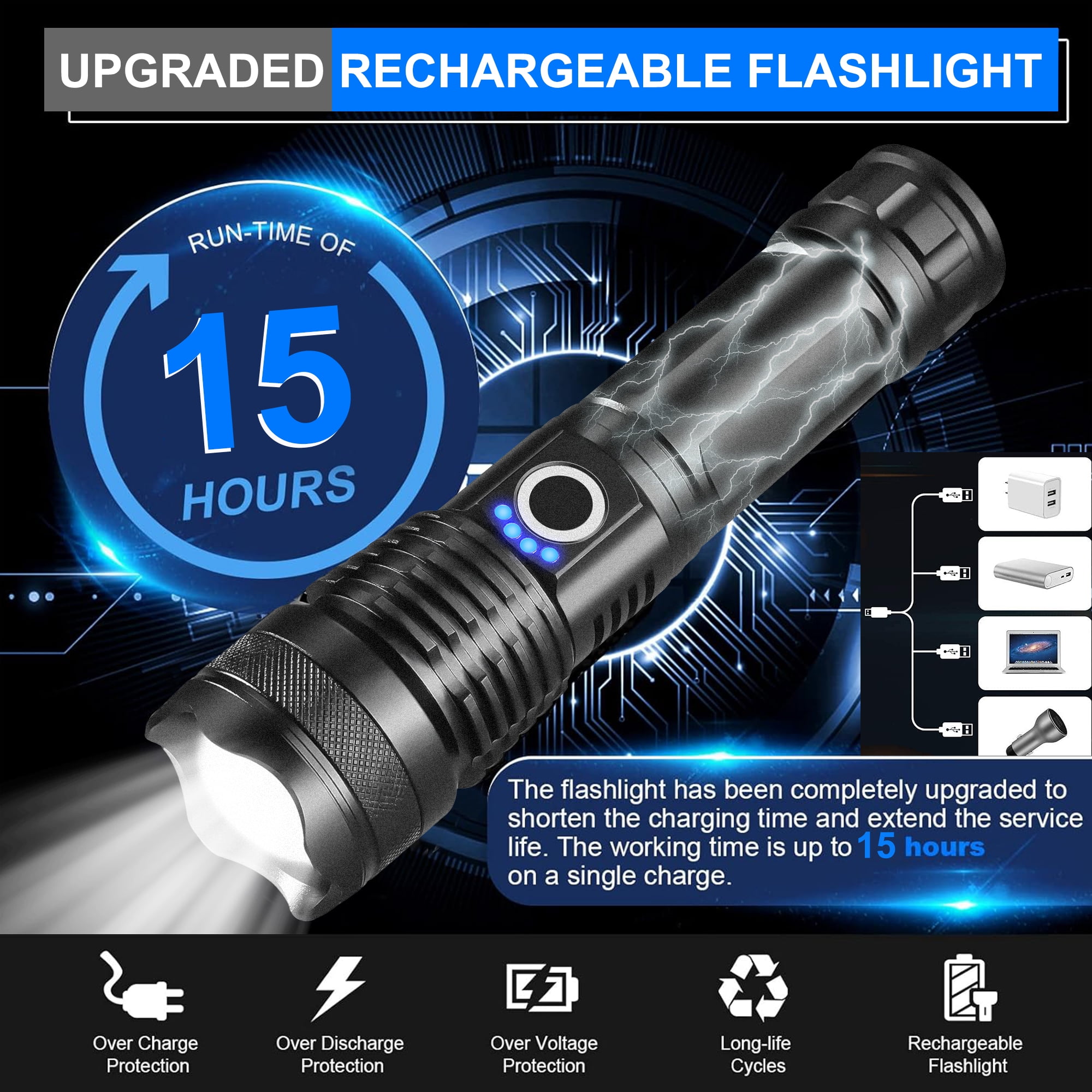 High Lumens Bright Flashlight, USB Rechargeable & Waterproof, 5 Modes Tactical Flashlight for Camping Hiking Hunting Emergency (Battery Included)
