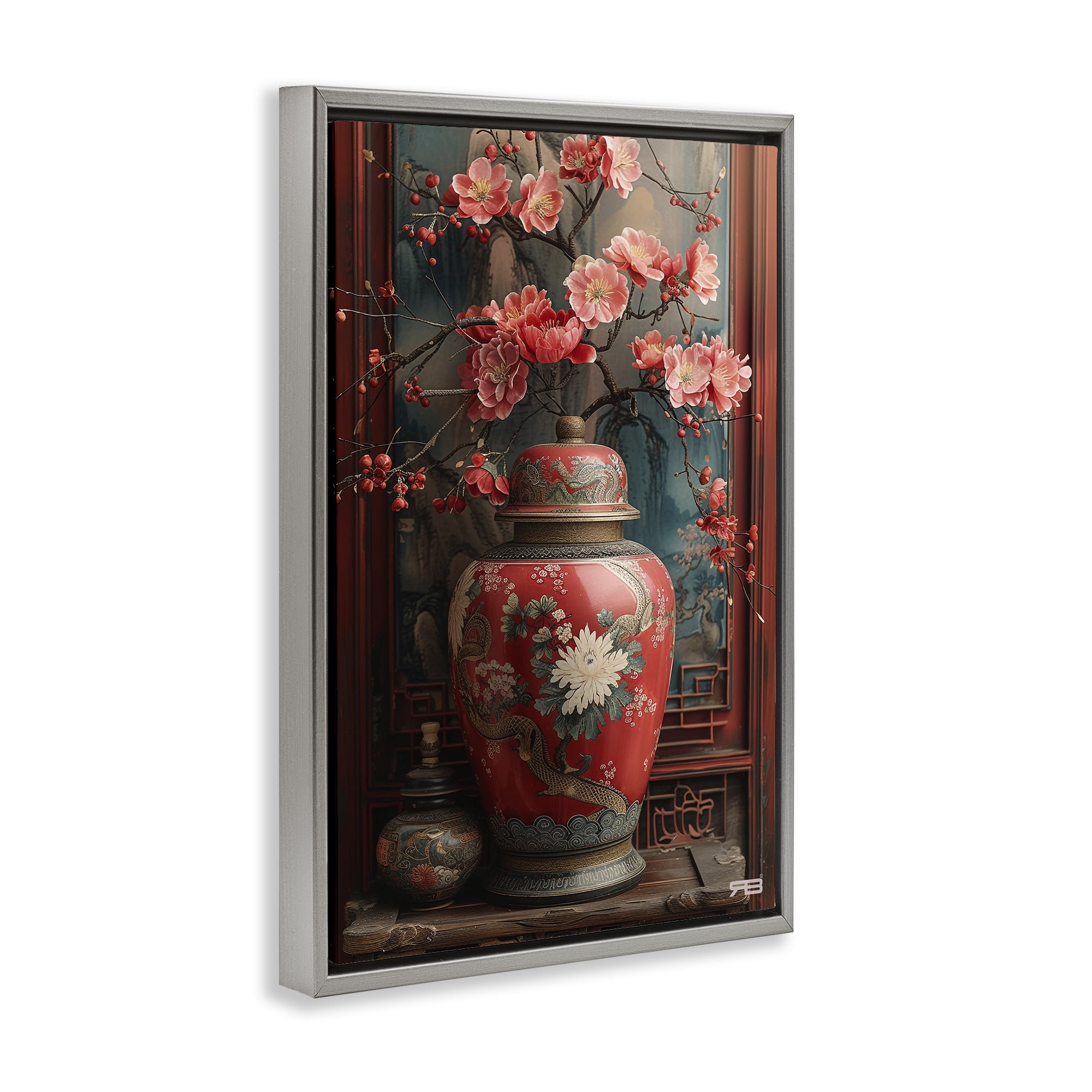 Stupell Industries Traditional Asian Vase Botanical & Floral Painting Gray Floater Framed Art Print Wall Art, 17 x 25