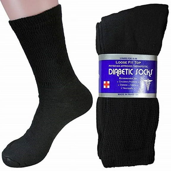 6 Pairs Mens or Women Black Diabetic Socks Loose Fit Size 9-11