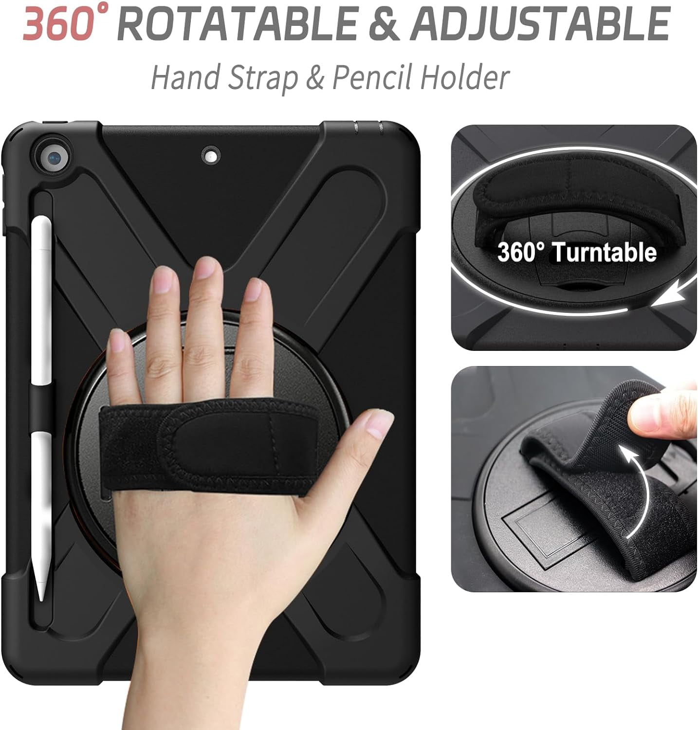 ZenRich Shockproof Case for iPad 9th/8th/7th Generation 10.2 inch 2021/2020/2019, Heavy Duty Rugged with Pencil Holder/360° Rotating Kickstand/Handle/Carrying Strap, Black