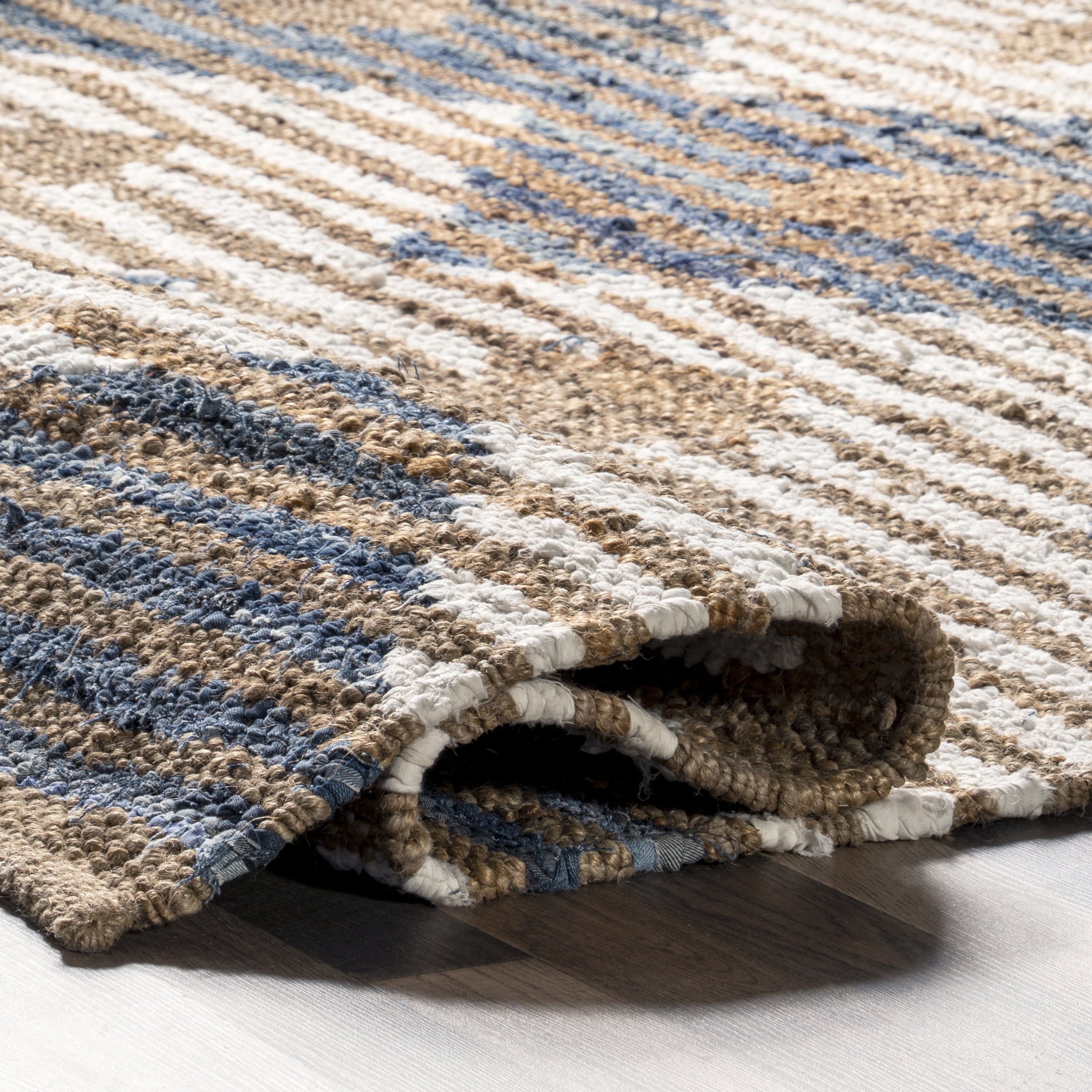 nuLOOM Hand Braided Marla Denim And Jute Diamonds Area Rug, 12' x 15', Off White