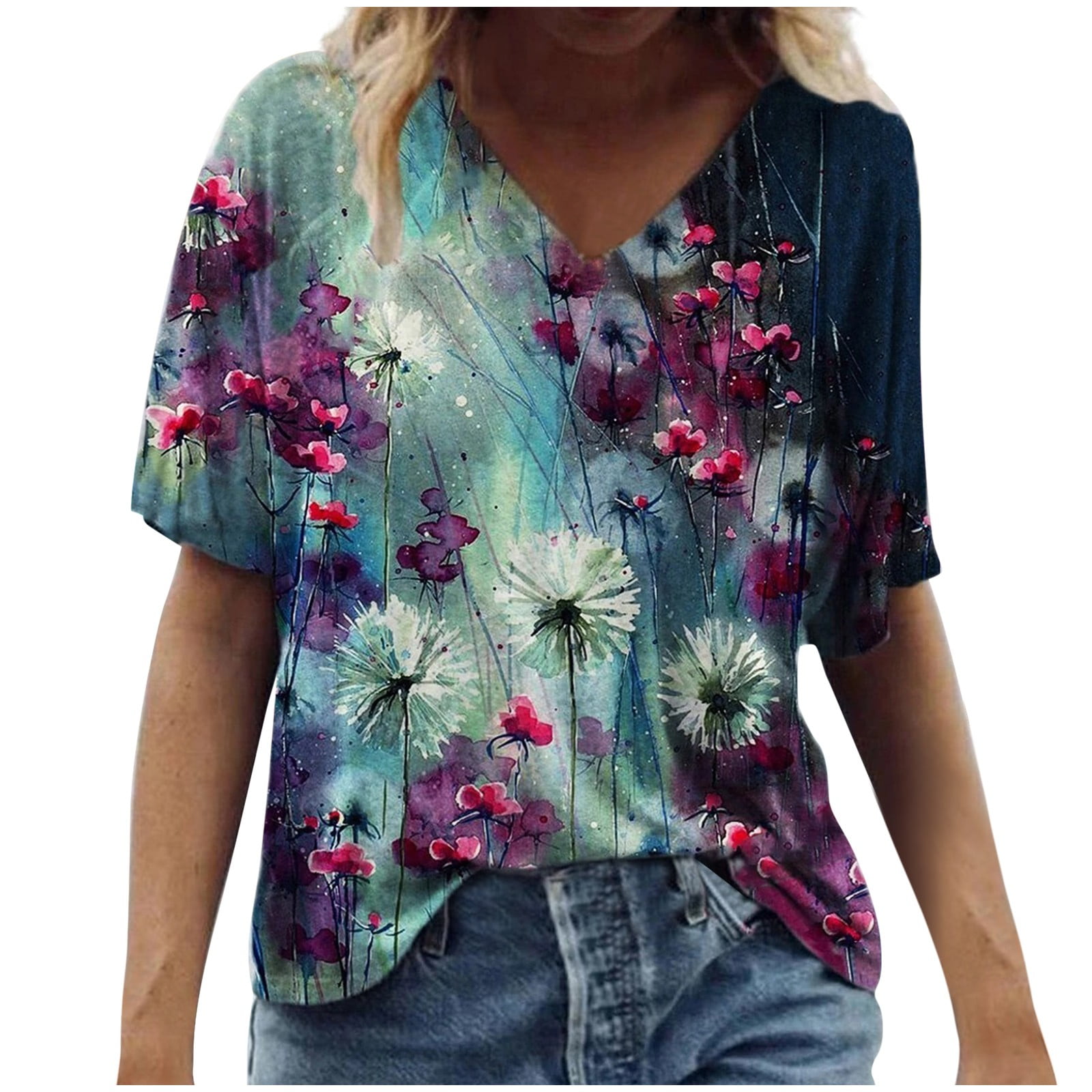 Women's Tie Dye Floral Print V Neck Short Sleeve Top Ladies Summer Tunic T-shirt 