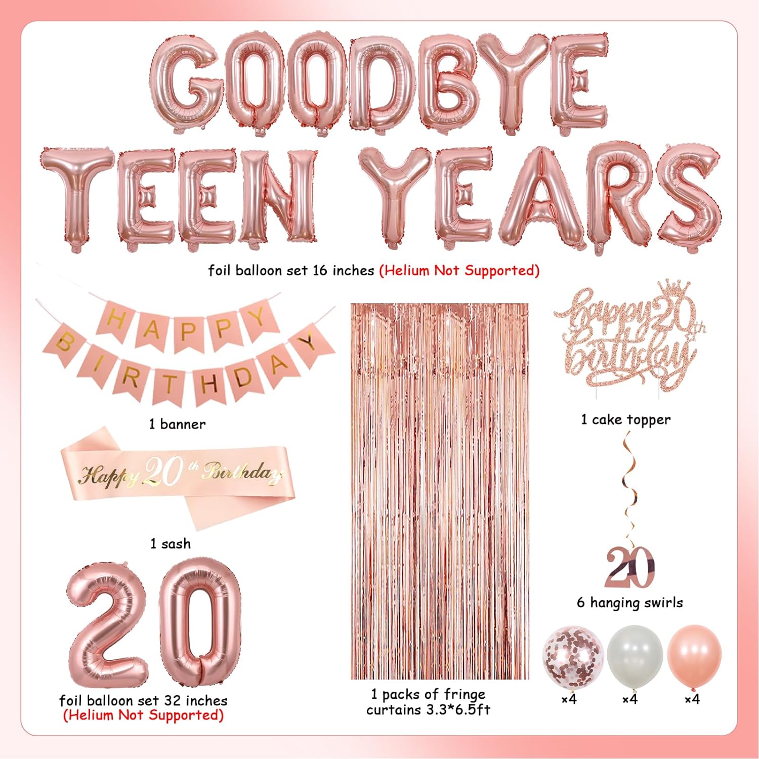 20th Birthday Decorations for Woman Rose Gold Goodbye Teen Years Balloon Banner Happy 20th Birthday Decorations with Happy Birthday Banner Number 20 Foil Balloon Hanging Swirls Sash