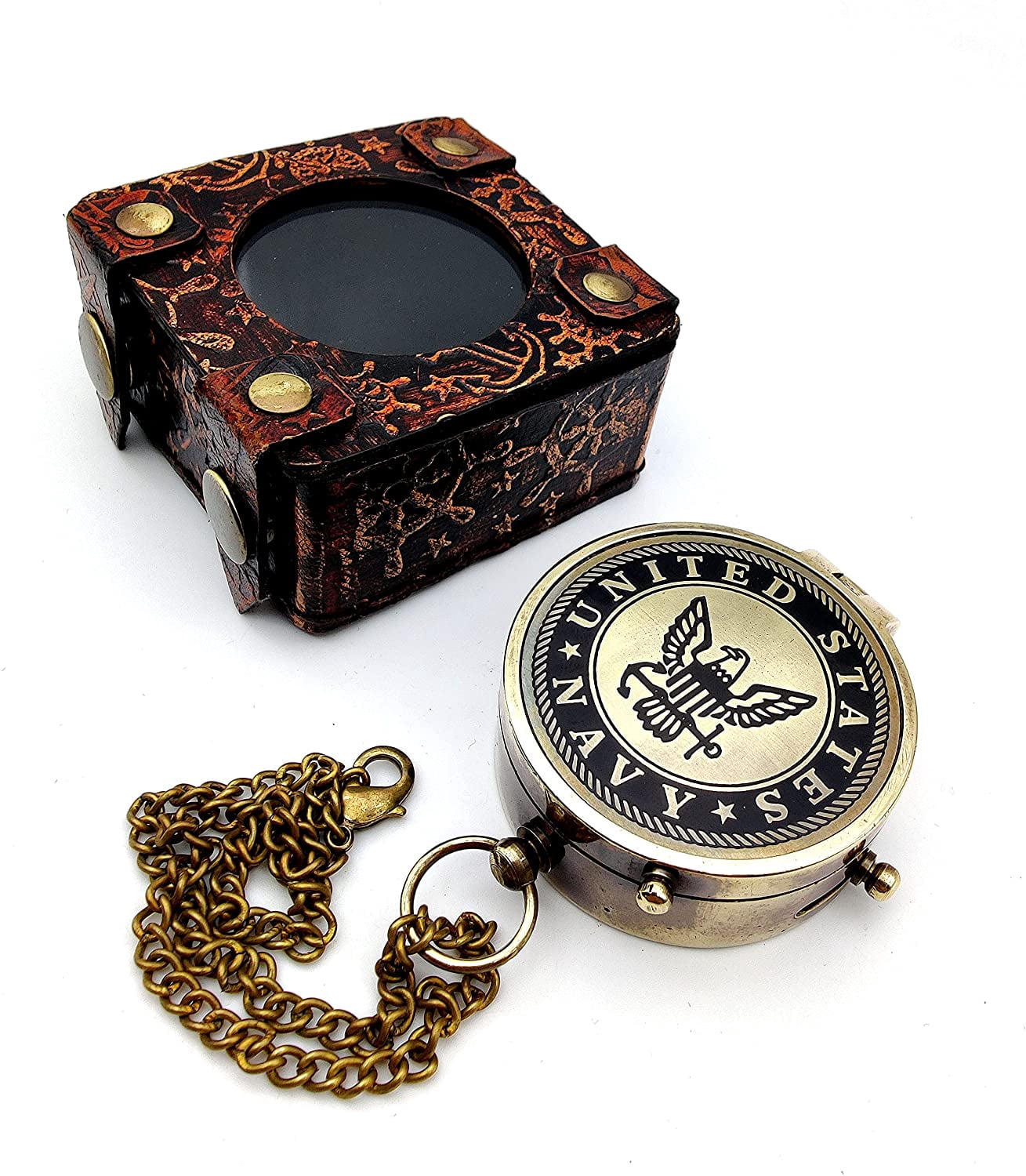 5MOONSUN5's US Navy Engraved Brass Military Compass Nautical Marine Gift A Perfect and Unique Gift for Army Person Survival Navigation Compass for Hiking Camping Hunting with Leather Display Case