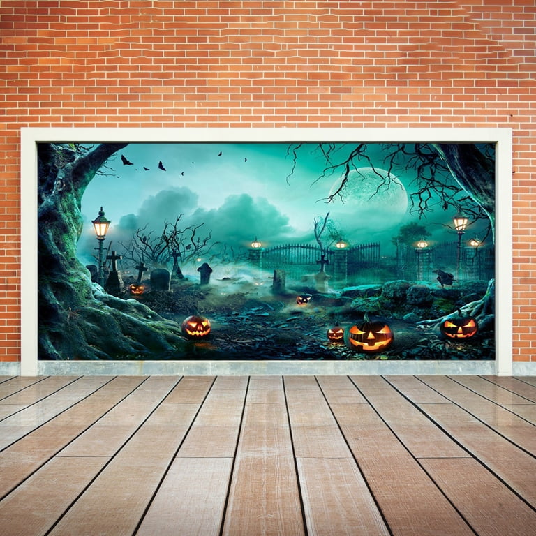 Spooky Halloween Garage Door Banner - 6x13 Ft Haunted Cemetery Backdrop For Outdoor & Indoor Scary Decor