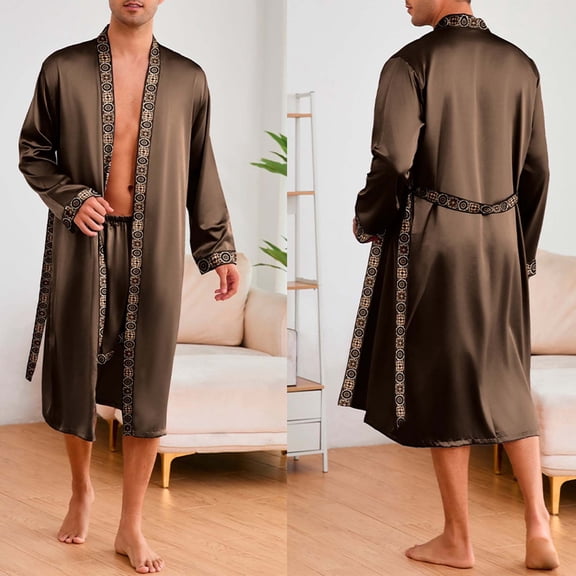 Men's Luxurious Kimono Robe with Shorts and Tie Belt Silky Satin Bathrobes Lightweight Long Sleeve Soft Sleepwear Set Size 2XL Coffee