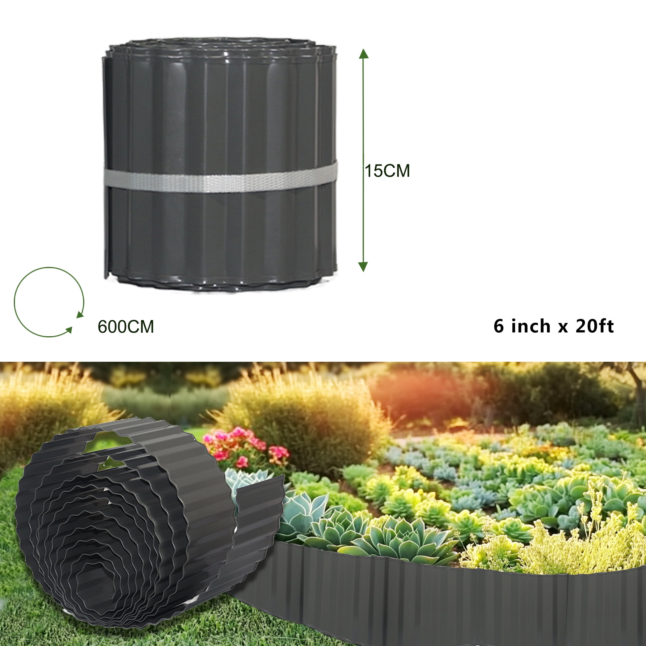 4W Galvanized Steel Landscape Edging Strip, Corrugated Garden Border, 6 in x 20 ft, Khaki Gray, for Flower Beds and Lawns