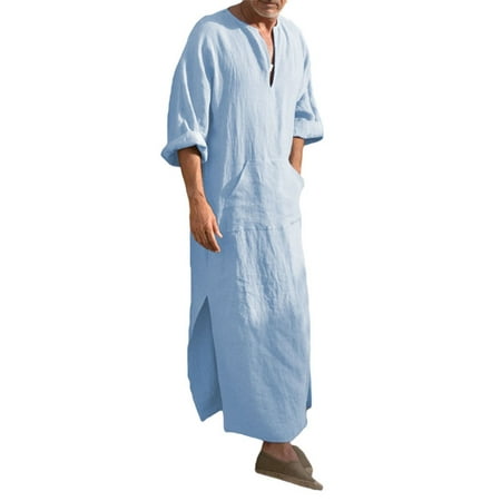 

UKAP Mens V-Neck Linen Robe Short Sleeve Kaftan Thobe Casual Long Gown Shirt Pocket Casual Beach Summer Short Sleeve Tops