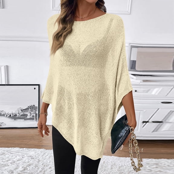 Lumtrix Women Sheer Poncho Top Lightweight Knit Crochet Shrug Bolero Mesh Batwing Sleeve Sweater Cover Up Beachwear Beige One Size