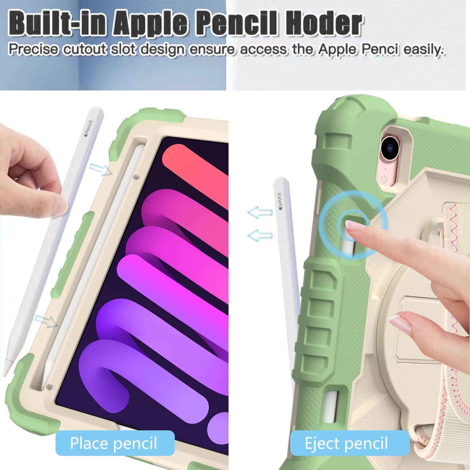 Case for iPad Mini 6 2021 8.3-inch, Kids Shockproof Rugged Hybrid 360 Rotating Stand Cover with Hand Shoulder Strap/Pencil Holder